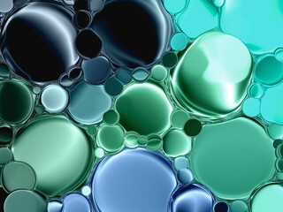 Vibrant abstract texture of blue and green oil and water bubbles with glossy highlights. Ideal for backgrounds, digital art, graphic design, and modern decor. High resolution and visually striking.