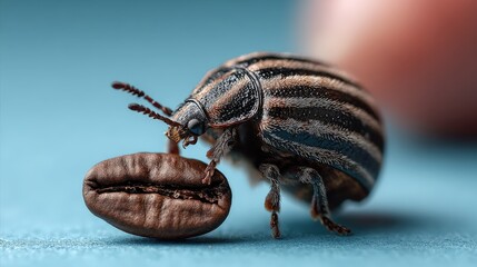 Delicate hand pinching sunflower seed on blue background for minimalist design