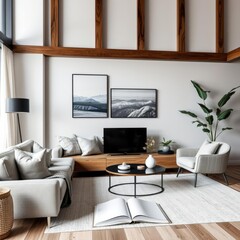 Minimalist living area with stylish art modern decor pieces and natural elements creating a balanced and elegant look book mockup blank template professional presentation blan