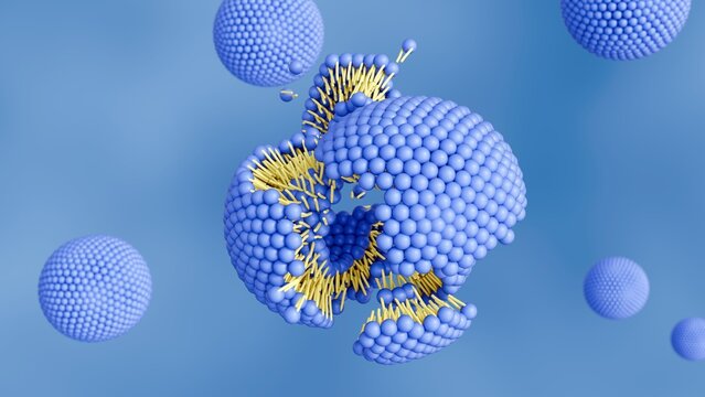 A 3d rendering of a liposome, a spherical vesicle composed of a breaking apart lipid bilayer, with some small fragments of the bilayer detaching and floating away. A process drug release
