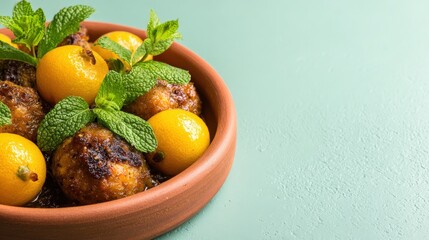 Moroccan zaalouk with preserved lemons served in handcrafted terracotta bowl