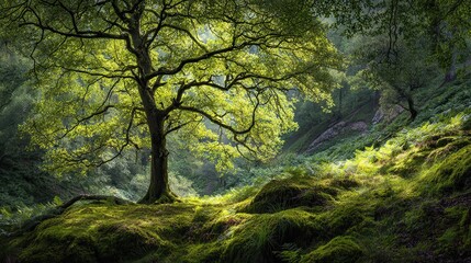 Obraz premium A solitary tree stands tall in the darkness of an ancient forest, creating a mysterious and serene atmosphere that showcases the beauty and mystery of nature.