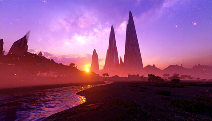 Crimson fog blanketing jagged crystal spires emerging from glowing obsidian plains, with floating sparks drifting through a violet sky