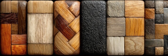 Wooden textures showcasing a variety of patterns and colors arranged in a harmonious display
