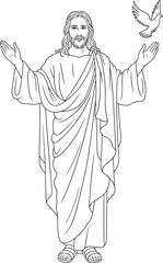 Minimalist Jesus line drawing with open arms, resurrection scene, Christian vector art, simple black and white religious illustration