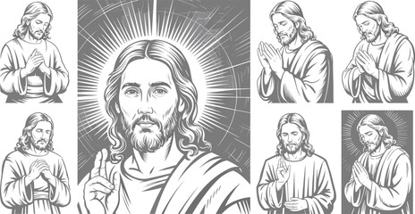 Monochrome Jesus Christ illustration set, vintage engraving style, religious vector art, prayer poses, Christian savior graphic for faith artwork