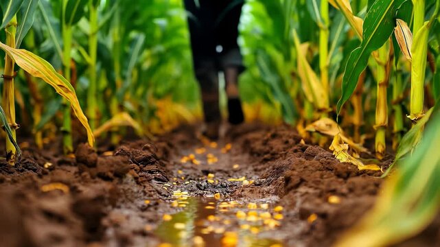 A farmer walks confidently through lush crop fields, symbolizing hard work, dedication, and connection to the land, showcasing the essence of agricultural life.