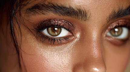 Fototapeta premium Close up of a woman eye with professional makeup. Beauty portrait with detailed skin and glitter eyeshadow. Cosmetology and fashion concept for beauty blog.
