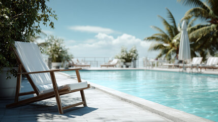 青空の下のリゾートホテルのプールサイドのチェア