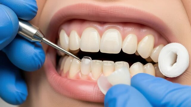 Dental procedure with veneers being applied to teeth by a dentist wearing blue gloves close up view 100