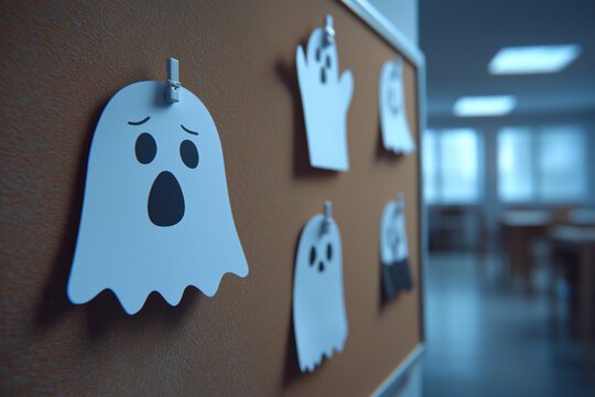 Dessins colorés d’Halloween réalisés par des enfants sur des feuille de papier accrochés sur un tableau en liège dans une salle de classe   - Powered by Adobe
