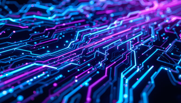abstract portraying glowing neon circuit traces in cyan and violet on black background