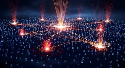 Abstract network graphic with radiating light beams, connecting numerous data points.