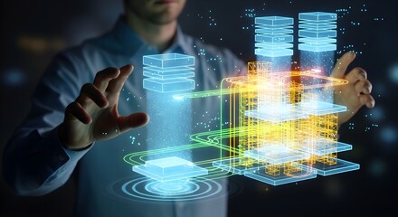 A person interacts with a holographic representation of data centers and buildings, showcasing futuristic technology.