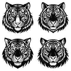 Tiger Head Vector Set – Black and White Wild Animal Illustration Collection