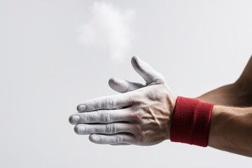 Gymnast prepares for performance while chalk dust fills the air in a bright studio