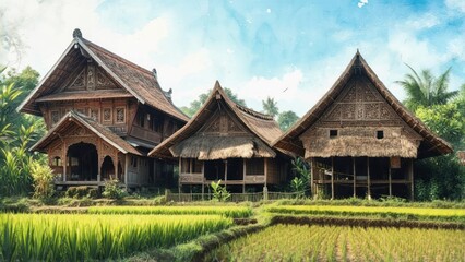 Traditional wooden houses in a rice paddy field