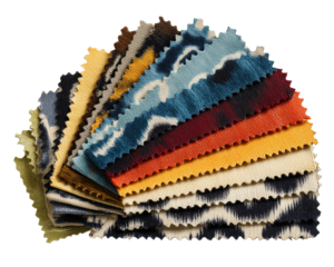 Set of colorful ikat fabric samples arranged in an arc view isolated on transparent background