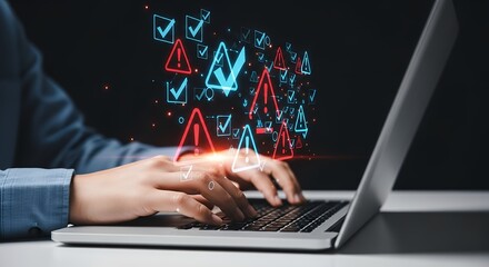 Cybersecurity Checkmarks and Warnings on Laptop Keyboard  Data Protection and Online Security Concept Illustration