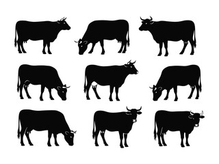 Cattle silhouette: A collection of stylized black silhouettes of cattle, perfect for design projects related to farm, ranching or the agricultural industry. 