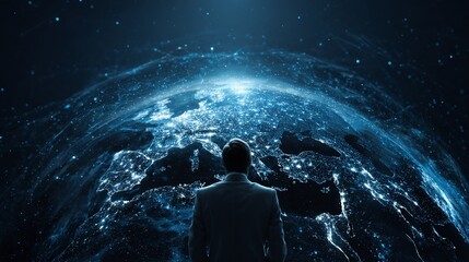 Fototapeta premium Man gazes at a glowing globe, representing global connectivity and networks