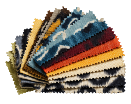 Set of colorful ikat fabric samples arranged in an arc view isolated on transparent background