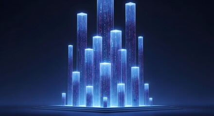 Abstract digital art depicting glowing blue pillars of light emerging from a dark surface, creating a futuristic and ethereal scene.