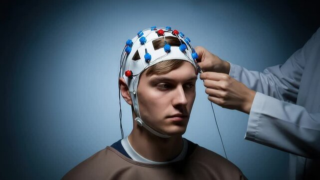 Man wearing eeg cap with electrodes being adjusted by hands in a laboratory setting for research study