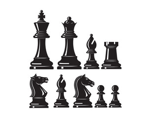 Isolated on a white background, this is a collection of black silhouette chess pieces. Black chess figures. Vector set.