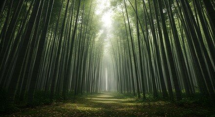 Sunlight shining through the trees in a dense forest, creating a serene and magical atmosphere