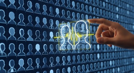 A hand selecting a group of profiles from a large database of user profiles on a digital interface.