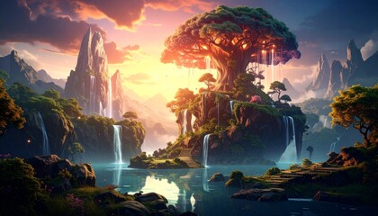 Ethereal fantasy landscape featuring a magnificent glowing tree on an island, surrounded by cascading waterfalls and dramatic mountains under a vibrant sunset.