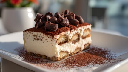 Close-up tiramisu slice with cocoa powder and chocolate curls.