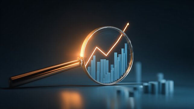 Magnifying glass highlights business growth chart with upward trend. Generative AI analysis financial success stock increase profit investment statistic performance market economy.