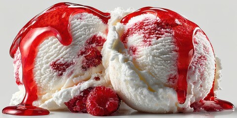 Delicious dessert featuring two scoops of ice cream topped with raspberry sauce and fresh raspberries in a close-up view