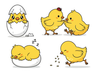 Playful Chickens: a lively collection of four images illustrating various activities of cartoon chicks in a photorealistic manner. 