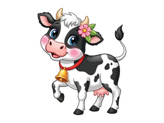 Cartoon Cow in Beauty: A cheerful cow illustration, with adorable big eyes and a floral crown, a charming touch of barnyard bliss. A delightful cartoon rendition of a cow.