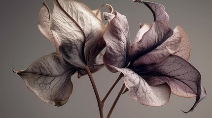 Artistic composition of dried curled leaves with detailed veins and soft brown-purple hues on a neutral background - Powered by Adobe