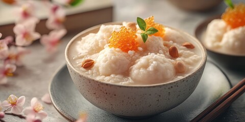 Delicious dessert bowl featuring white sweet rice balls with orange toppings and garnished with nuts, set in a quaint setting
