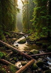 Obraz premium A serene forest stream flows through a lush green landscape with fallen logs