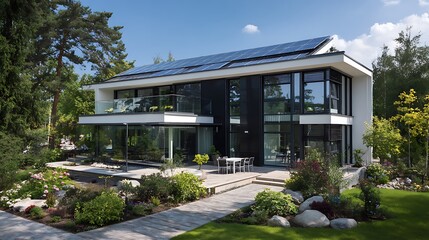 Modern single-family home in Germany features solar panels on roof eco-friendly construction, energy efficiency. Exterior design contemporary with landscaped garden, patio area.