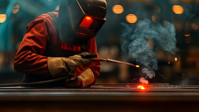 A focused welder in professional gear skillfully shapes metal, creating sparks in a workshop filled with light and active energy, showcasing expertise and craftsmanship.