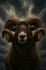 Brown ram with large horns dramatic cloudy sky