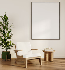 Minimalist living room with vertical blank frame, wooden armchair, side table, green potted plant and white walls
