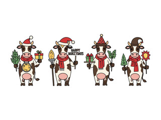 Festive Cows: A charming illustration presents a group of cartoon cows, each adorned with holiday accessories and radiating warmth, ready to spread cheer and mark the celebrations.