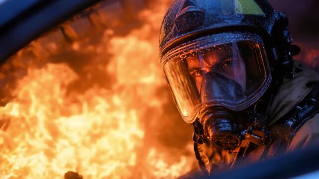 Courage Amidst the Flames: A determined firefighter fearlessly confronts a roaring blaze, capturing the intensity and bravery of a first responder.