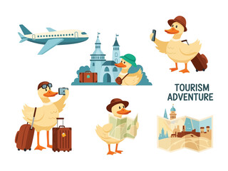 Duck Tourism Adventure: Whimsical illustrations of a cartoon duck embarking on a tourism adventure, exploring landmarks, capturing moments, and embracing the thrill of travel.