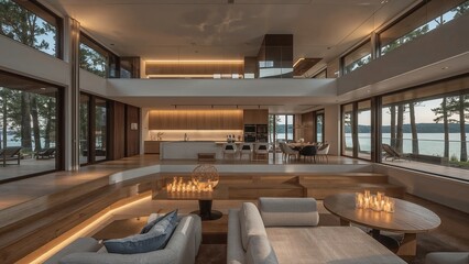 Luxurious modern waterfront home interior featuring a stylish open-plan design with expansive windows and warm lighting