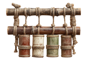 Four Hanging Wind Chimes with Wooden Rods Isolated on Transparent Background