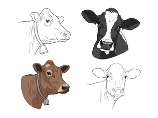Cattle portraits: A collection of diverse cattle portraits showcasing variations in breed, color and detailed drawing styles, capturing unique essence of each animal.